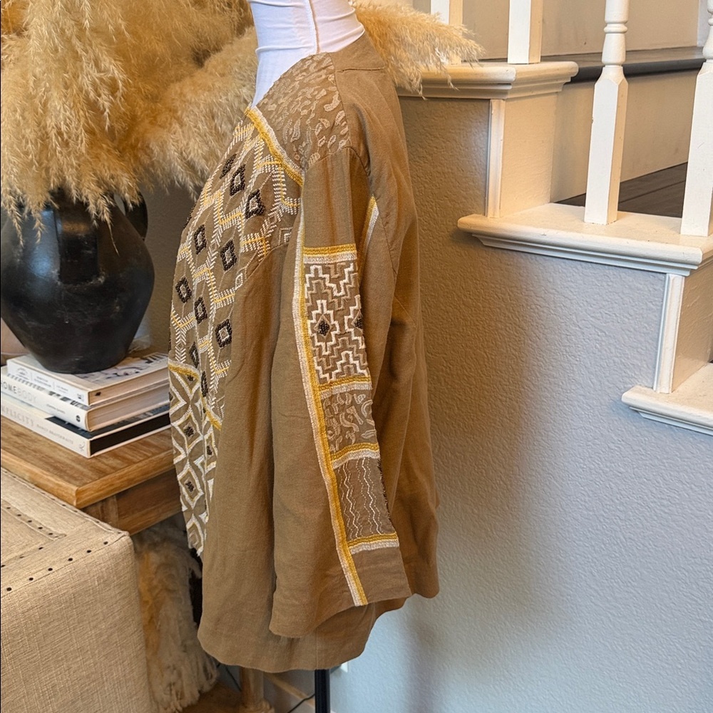 Chico’s Linen Aztec Embroidered Beaded Blazer Jacket 3/4 Sleeve Lagenlook XL - Picture 5 of 8